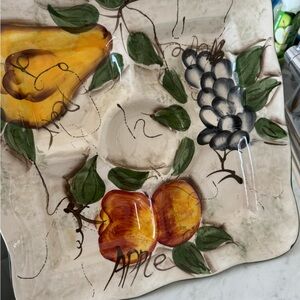 Hand-Painted Fruit Serving Platter - Yellow Pears, Red Apples, Green Leaves